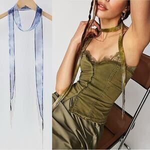 Free People Chan Luu Washed Ashore Fringe Skinny Scarf Denim Blue NWT Bohemian
